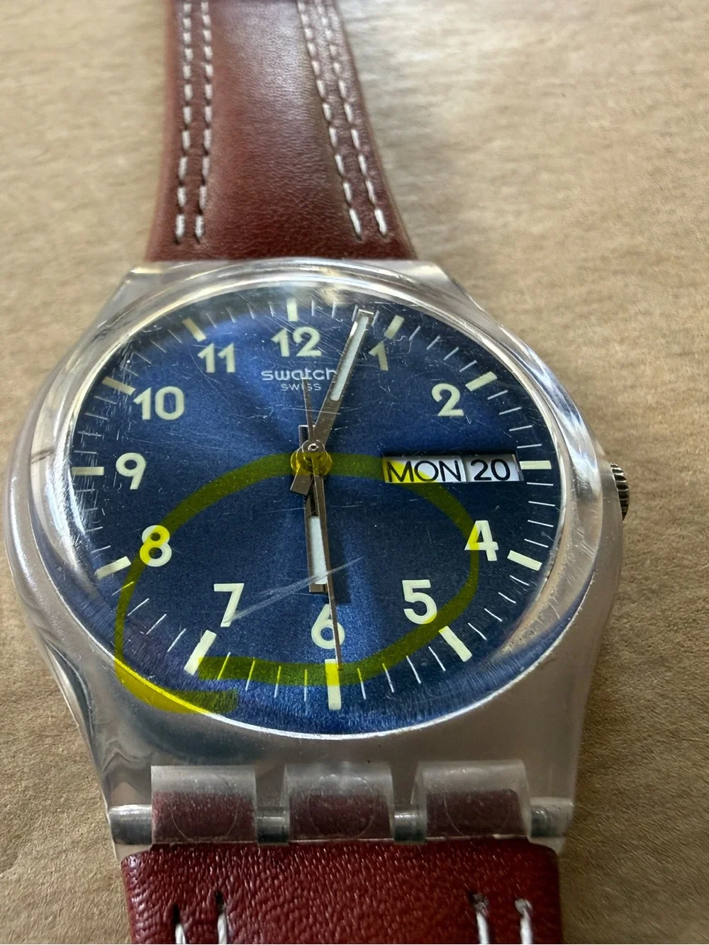 Swatch Blue Face with Brown Strap